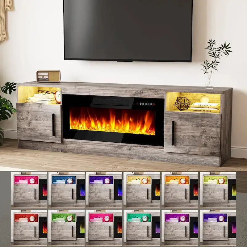 Meuble TV cheminée Bossin 70 avec cheminée électrique 36, meuble TV pour téléviseurs jusqu'à 80 pouces, lumières LED 16 couleurs/centre de divertissement