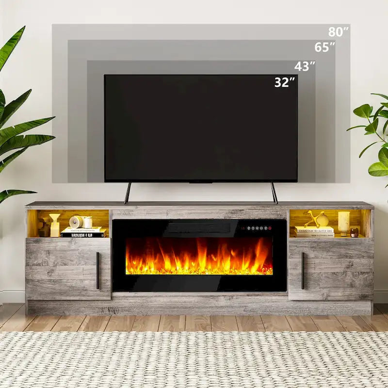 Meuble TV cheminée Bossin 70 avec cheminée électrique 36, meuble TV pour téléviseurs jusqu'à 80 pouces, lumières LED 16 couleurs/centre de divertissement