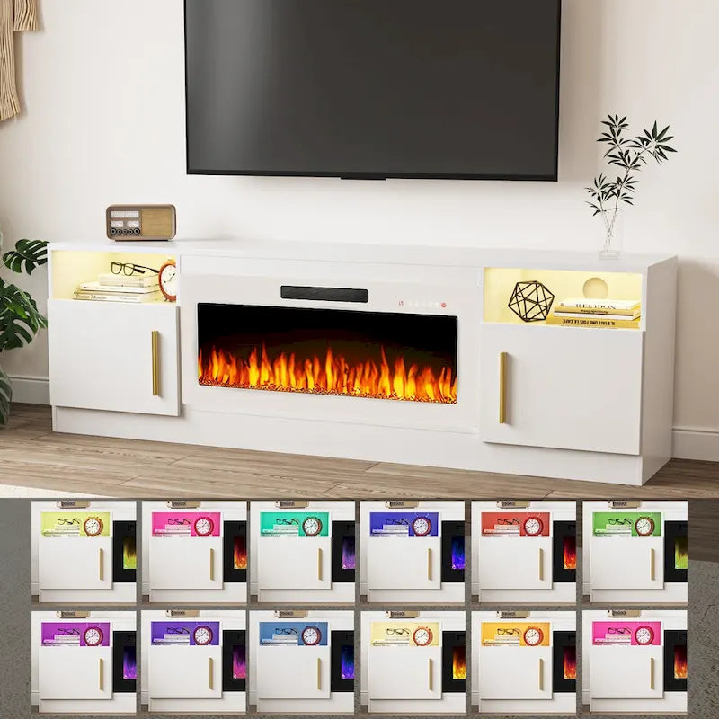 Meuble TV cheminée Bossin 70 avec cheminée électrique 36, meuble TV pour téléviseurs jusqu'à 80 pouces, lumières LED 16 couleurs/centre de divertissement