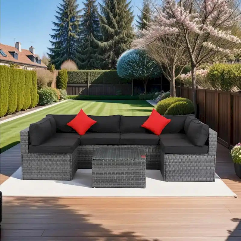 Ensemble de mobilier d'extérieur sectionnel 5 pièces en rotin PE avec coussins, canapé en U avec 2 oreillers, osier gris + coussin noir