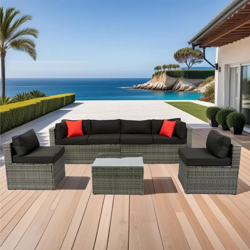 Ensemble de mobilier d'extérieur sectionnel 5 pièces en rotin PE avec coussins, canapé en U avec 2 oreillers, osier gris + coussin noir