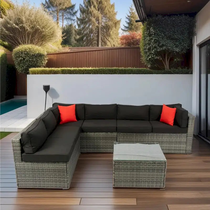 Ensemble de mobilier d'extérieur sectionnel 5 pièces en rotin PE avec coussins, canapé en U avec 2 oreillers, osier gris + coussin noir