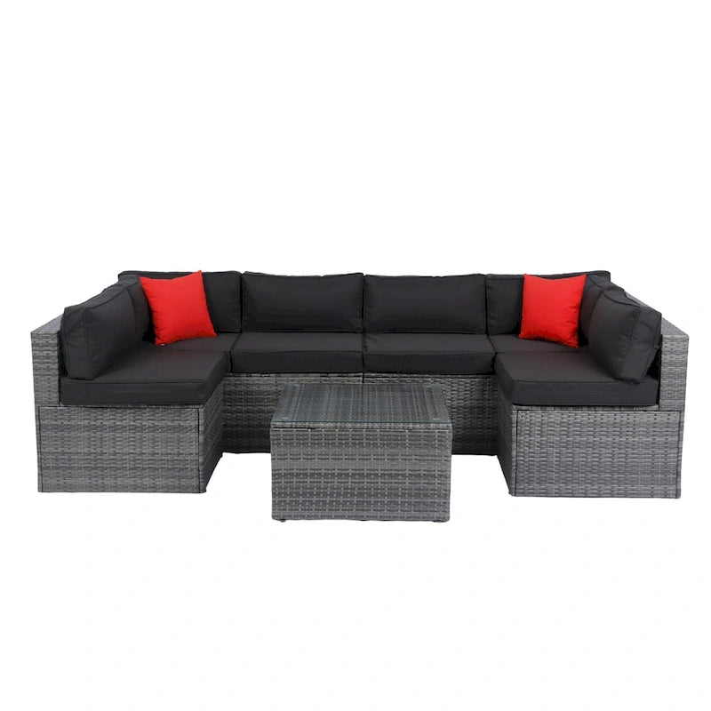 Ensemble de mobilier d'extérieur sectionnel 5 pièces en rotin PE avec coussins, canapé en U avec 2 oreillers, osier gris + coussin noir