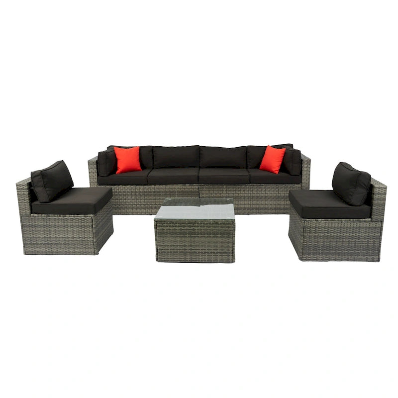 Ensemble de mobilier d'extérieur sectionnel 5 pièces en rotin PE avec coussins, canapé en U avec 2 oreillers, osier gris + coussin noir