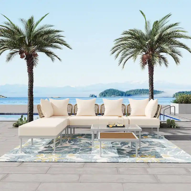 TREXM 8-Piece Patio Sectional Sofa Set with Tempered Glass Coffee Table and Wooden Coffee Table