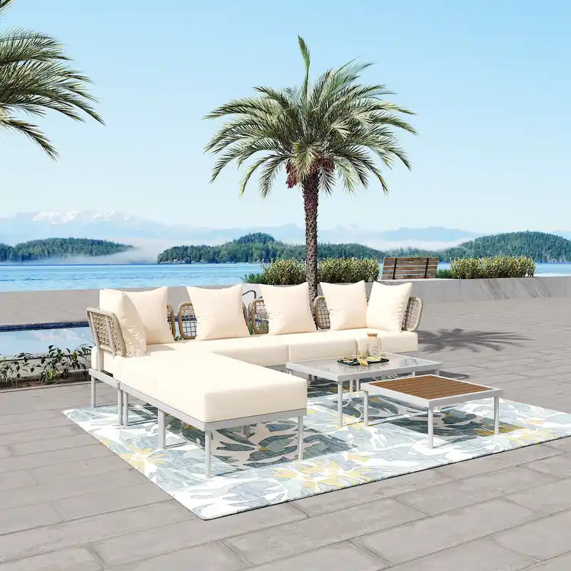 TREXM Ensemble de canapés modulaires de 8 pièces pour patio avec table basse en verre trempé et table basse en bois