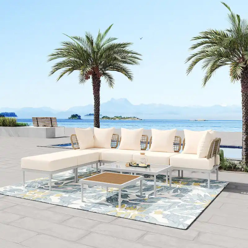 TREXM Ensemble de canapés modulaires de 8 pièces pour patio avec table basse en verre trempé et table basse en bois