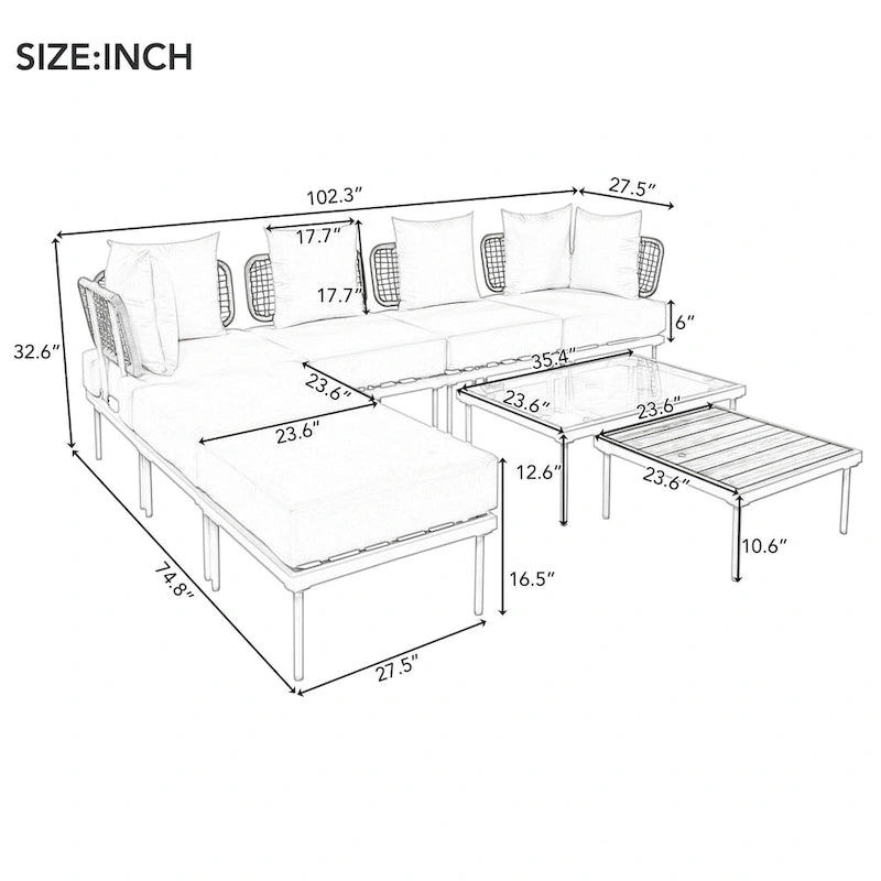TREXM Ensemble de canapés modulaires de 8 pièces pour patio avec table basse en verre trempé et table basse en bois