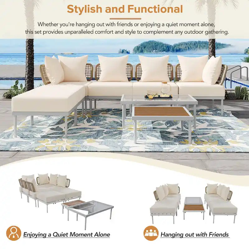 TREXM Ensemble de canapés modulaires de 8 pièces pour patio avec table basse en verre trempé et table basse en bois