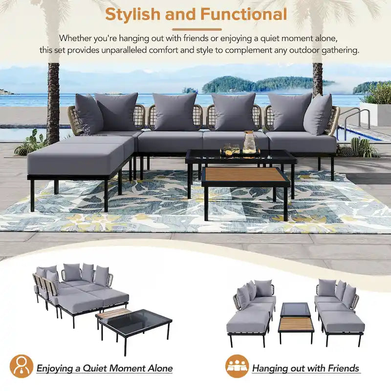 TREXM Ensemble de canapés modulaires de 8 pièces pour patio avec table basse en verre trempé et table basse en bois