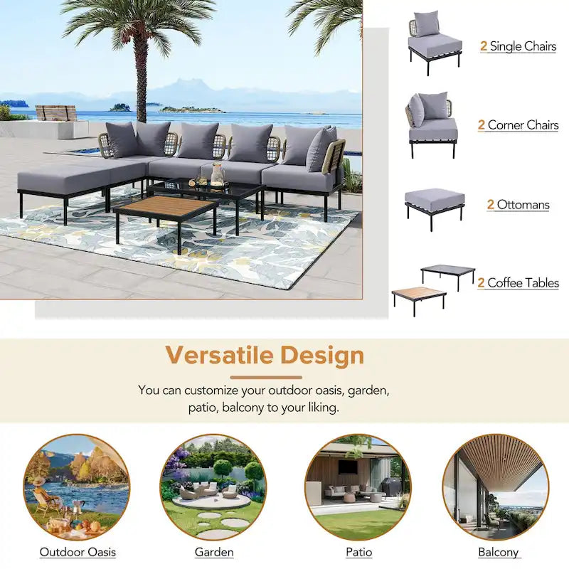 TREXM Ensemble de canapés modulaires de 8 pièces pour patio avec table basse en verre trempé et table basse en bois