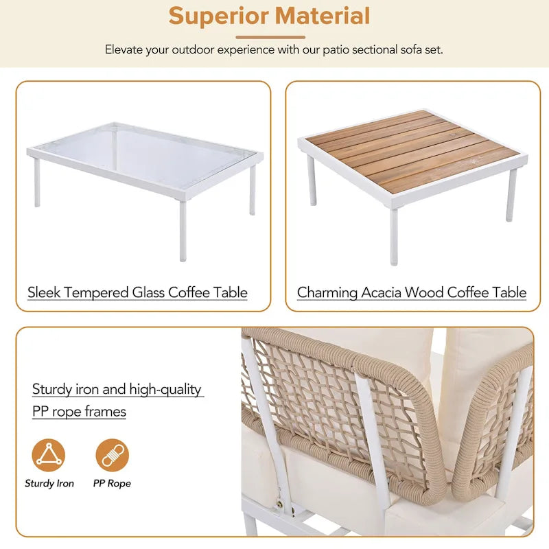 TREXM Ensemble de canapés modulaires de 8 pièces pour patio avec table basse en verre trempé et table basse en bois