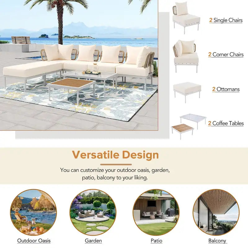 TREXM Ensemble de canapés modulaires de 8 pièces pour patio avec table basse en verre trempé et table basse en bois
