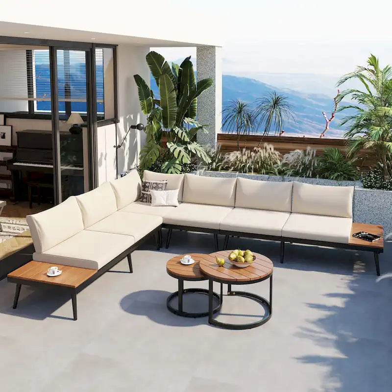 Ensemble de canapés modulaires d'extérieur 6 pièces TREXM avec tables basses gigognes rondes et canapé-siège