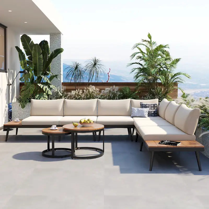 Ensemble de canapés modulaires d'extérieur 6 pièces TREXM avec tables basses gigognes rondes et canapé-siège
