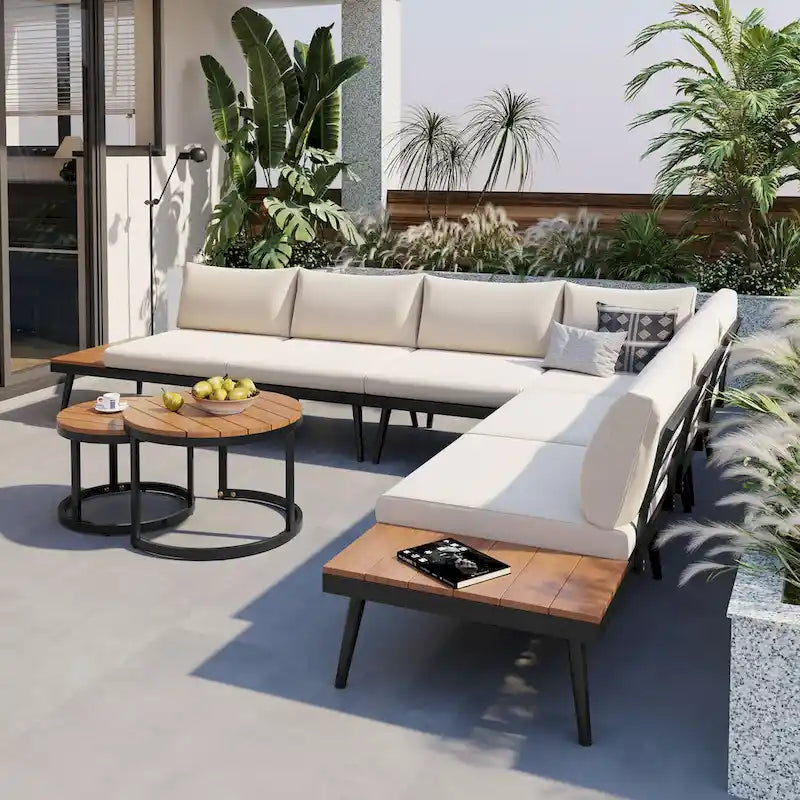 Ensemble de canapés modulaires d'extérieur 6 pièces TREXM avec tables basses gigognes rondes et canapé-siège