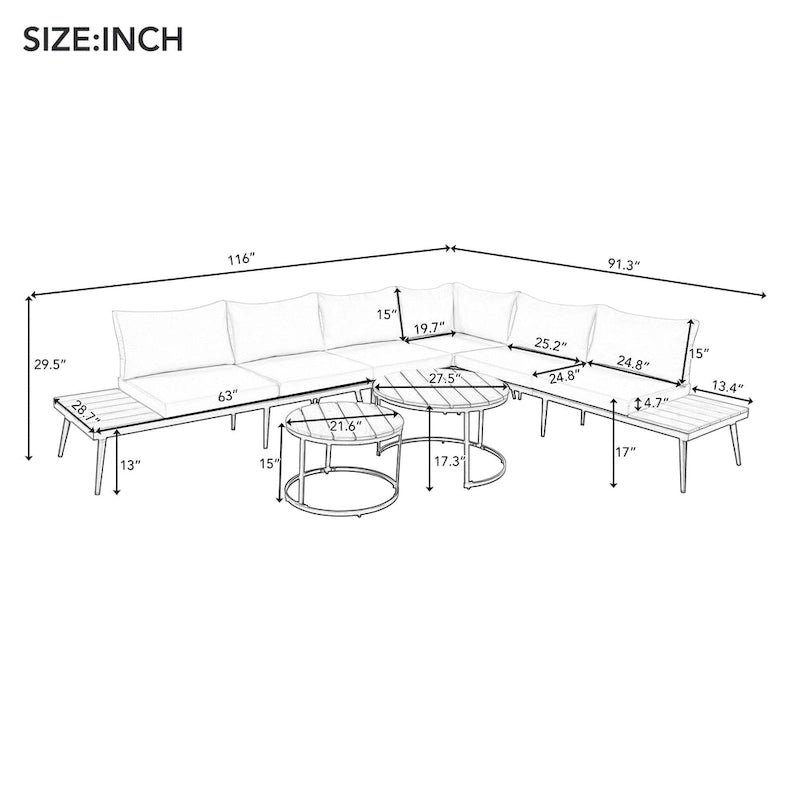 Ensemble de canapés modulaires d'extérieur 6 pièces TREXM avec tables basses gigognes rondes et canapé-siège