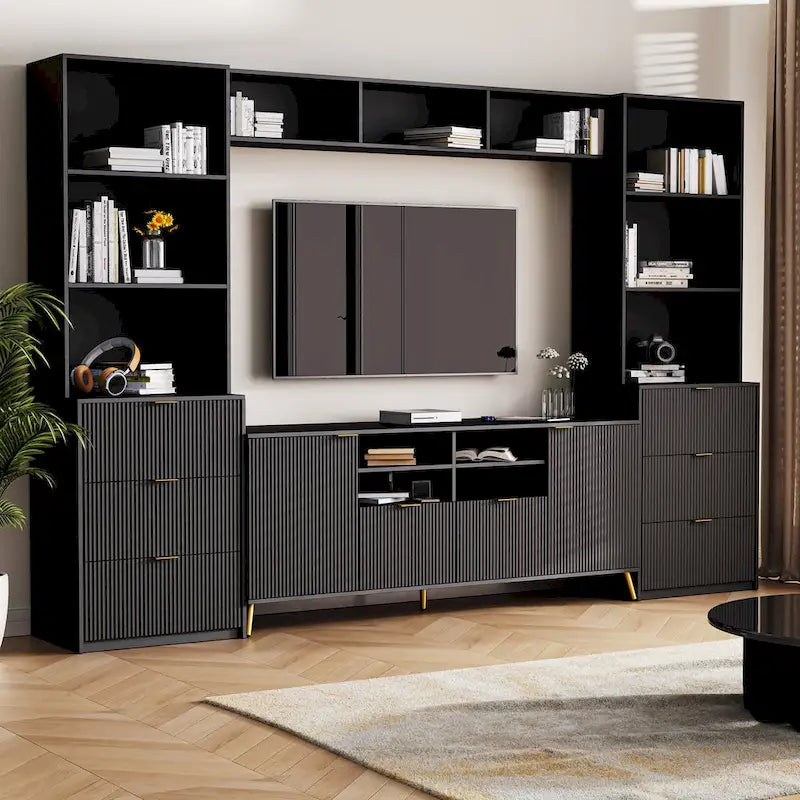 U-Can 4-Piece Entertainment Wall Unit with 13 shelves,8 Drawers and 2 Cabinets, Multifunctional TV Stand Media Storage Cabinet w