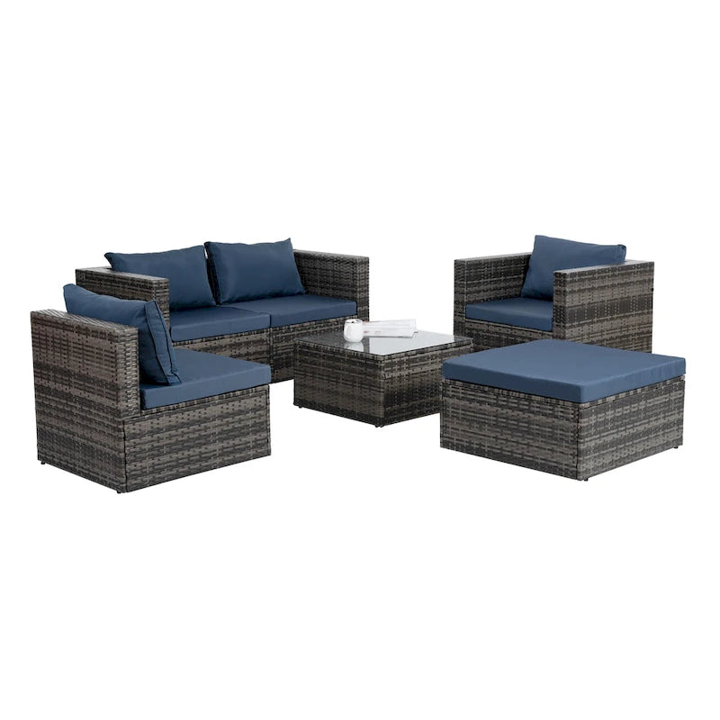 Mobilier d'extérieur 6 pièces en osier avec table basse en verre trempé