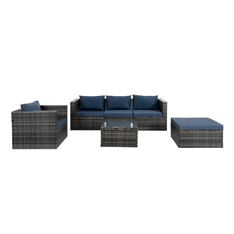 Mobilier d'extérieur 6 pièces en osier avec table basse en verre trempé