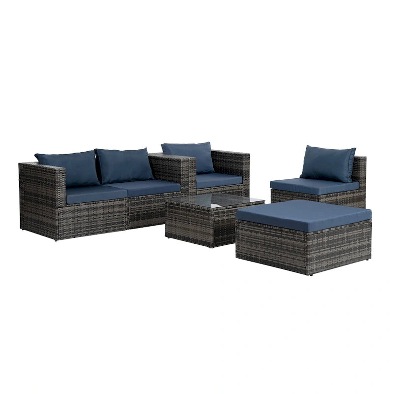 Mobilier d'extérieur 6 pièces en osier avec table basse en verre trempé