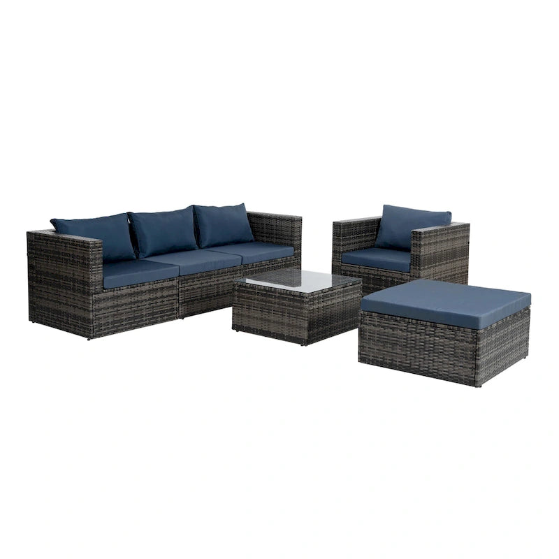 Mobilier d'extérieur 6 pièces en osier avec table basse en verre trempé