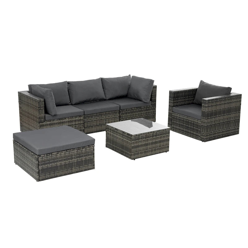 Mobilier d'extérieur 6 pièces en osier avec table basse en verre trempé