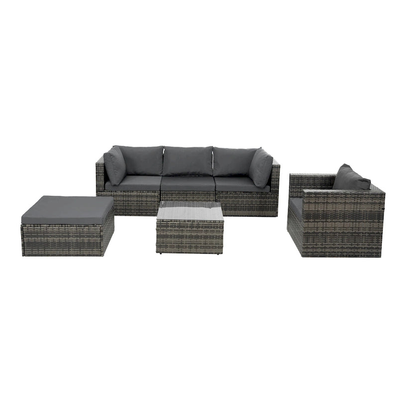 Mobilier d'extérieur 6 pièces en osier avec table basse en verre trempé