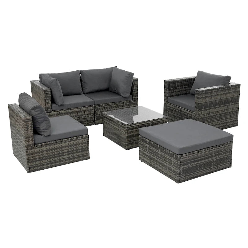 Mobilier d'extérieur 6 pièces en osier avec table basse en verre trempé