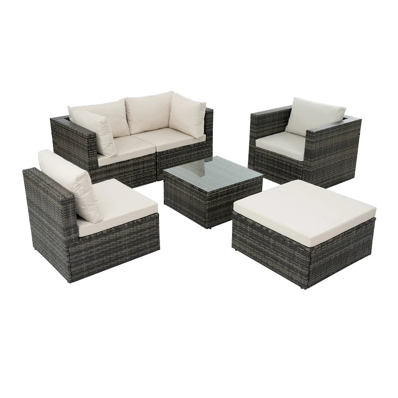 Mobilier d'extérieur 6 pièces en osier avec table basse en verre trempé