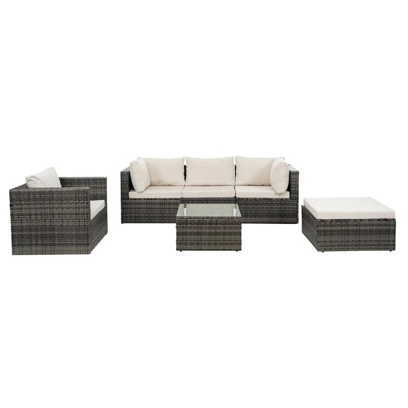 Mobilier d'extérieur 6 pièces en osier avec table basse en verre trempé