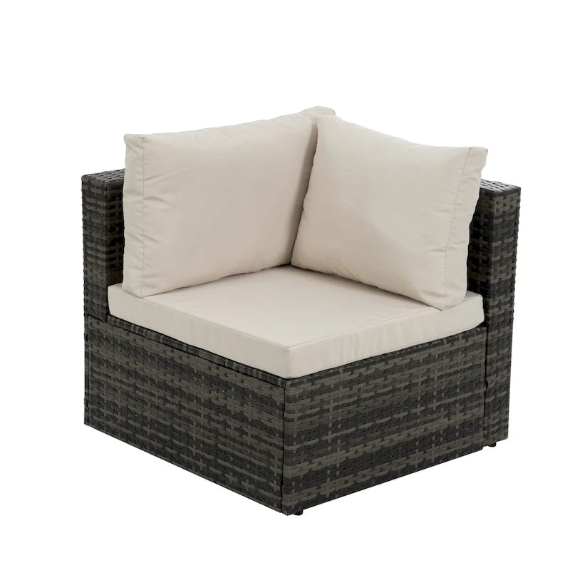 Mobilier d'extérieur 6 pièces en osier avec table basse en verre trempé