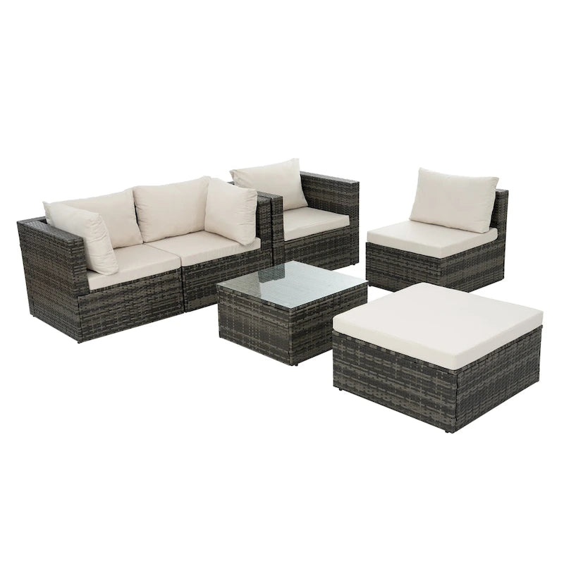 Mobilier d'extérieur 6 pièces en osier avec table basse en verre trempé