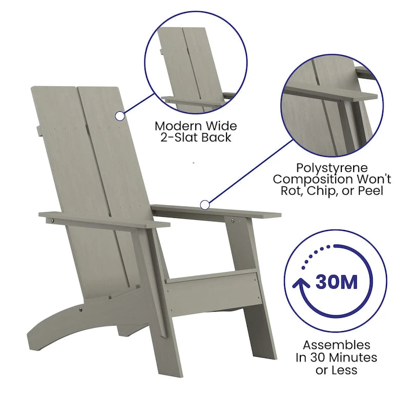 Chaise de patio Adirondack moderne à lattes doubles pour l'intérieur et l'extérieur