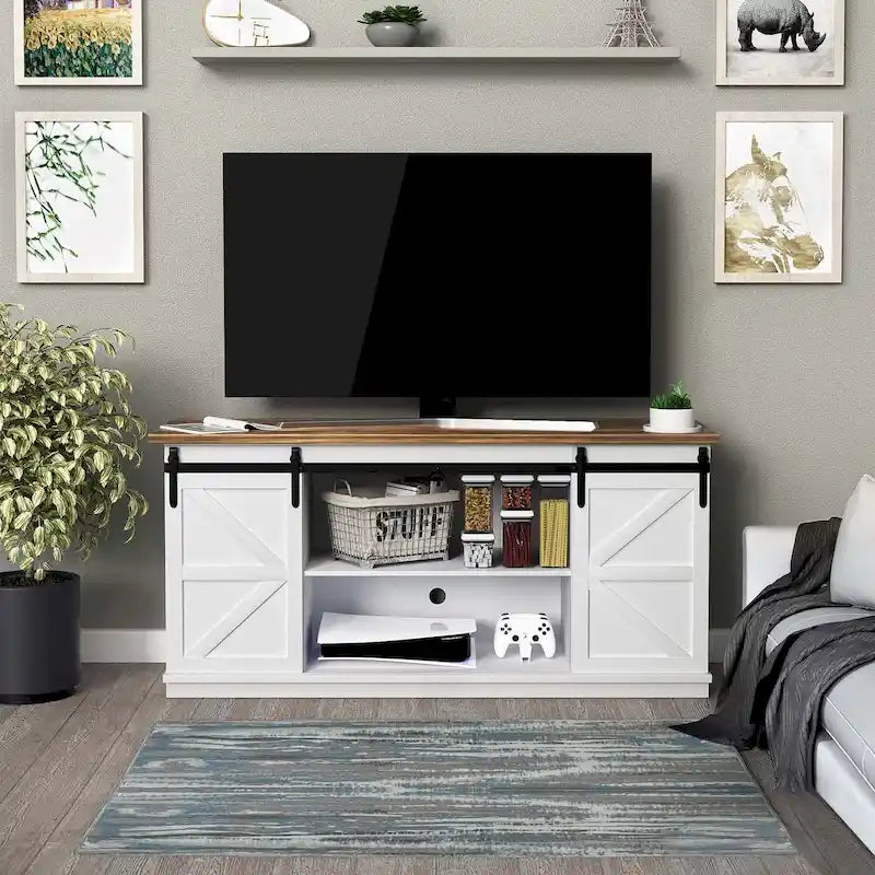 Meuble TV 2 étagères pour téléviseurs de 43 à 65 pouces. Style de vie simple et moderne du milieu du siècle, porte de grange de ferme - facile à ranger.