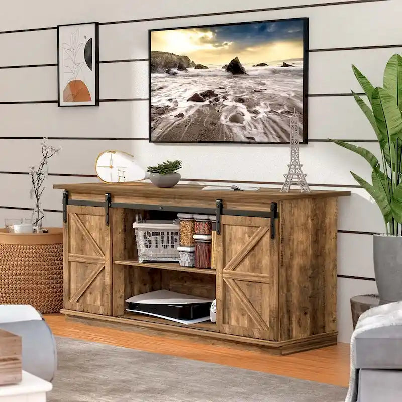 Meuble TV 2 étagères pour téléviseurs de 43 à 65 pouces. Style de vie simple et moderne du milieu du siècle, porte de grange de ferme - facile à ranger.