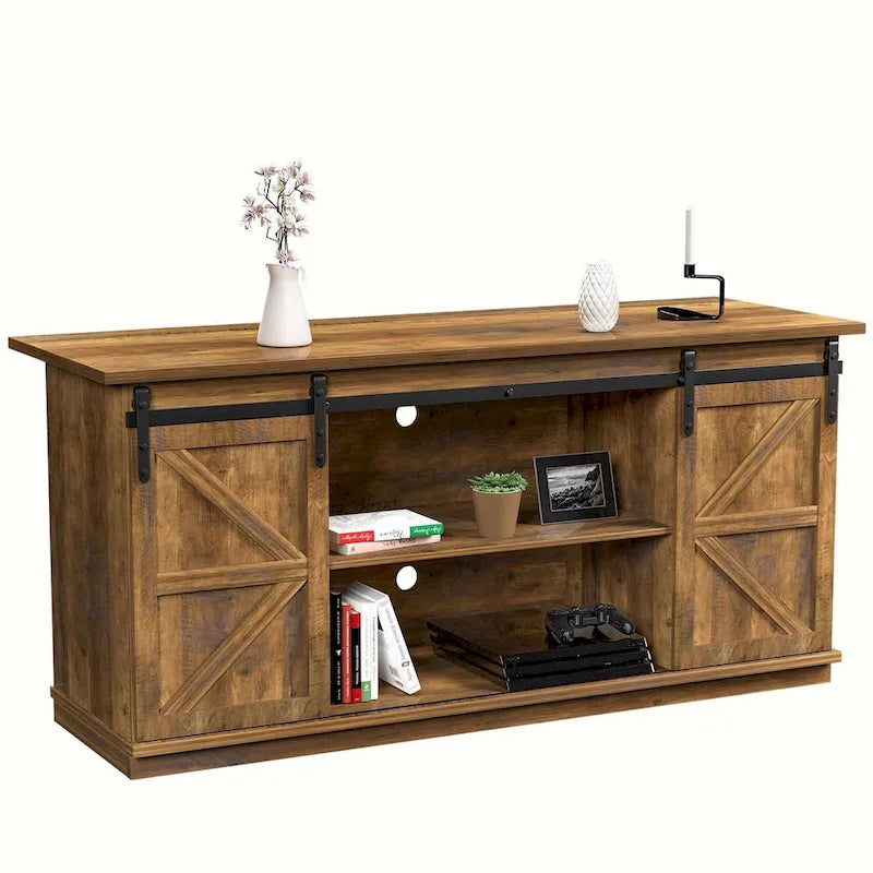 Meuble TV 2 étagères pour téléviseurs de 43 à 65 pouces. Style de vie simple et moderne du milieu du siècle, porte de grange de ferme - facile à ranger.