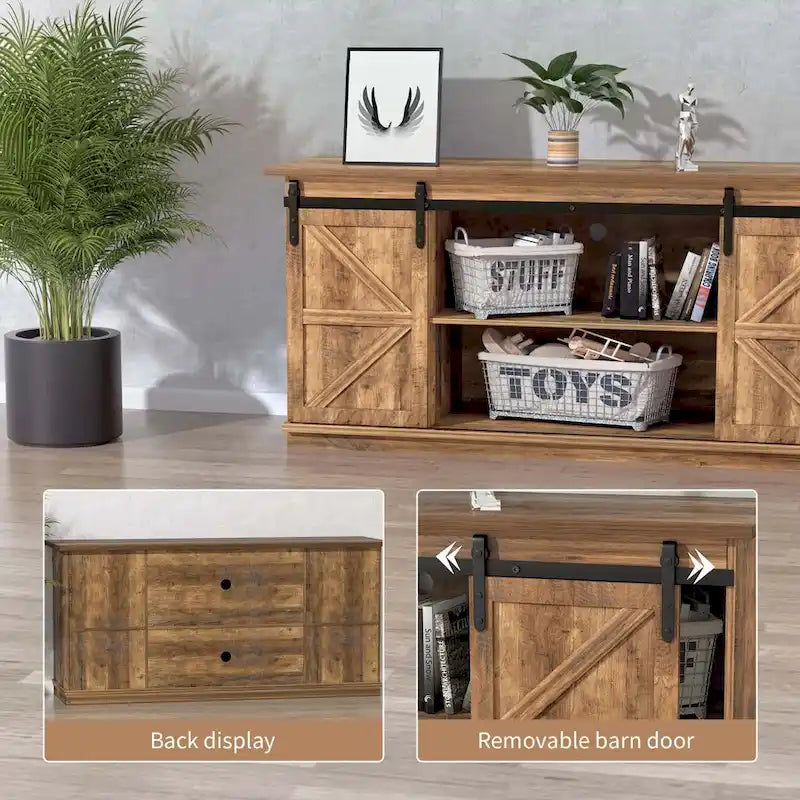 Meuble TV 2 étagères pour téléviseurs de 43 à 65 pouces. Style de vie simple et moderne du milieu du siècle, porte de grange de ferme - facile à ranger.