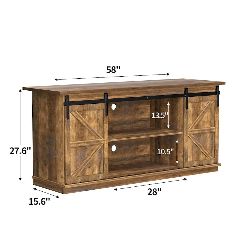 Meuble TV 2 étagères pour téléviseurs de 43 à 65 pouces. Style de vie simple et moderne du milieu du siècle, porte de grange de ferme - facile à ranger.
