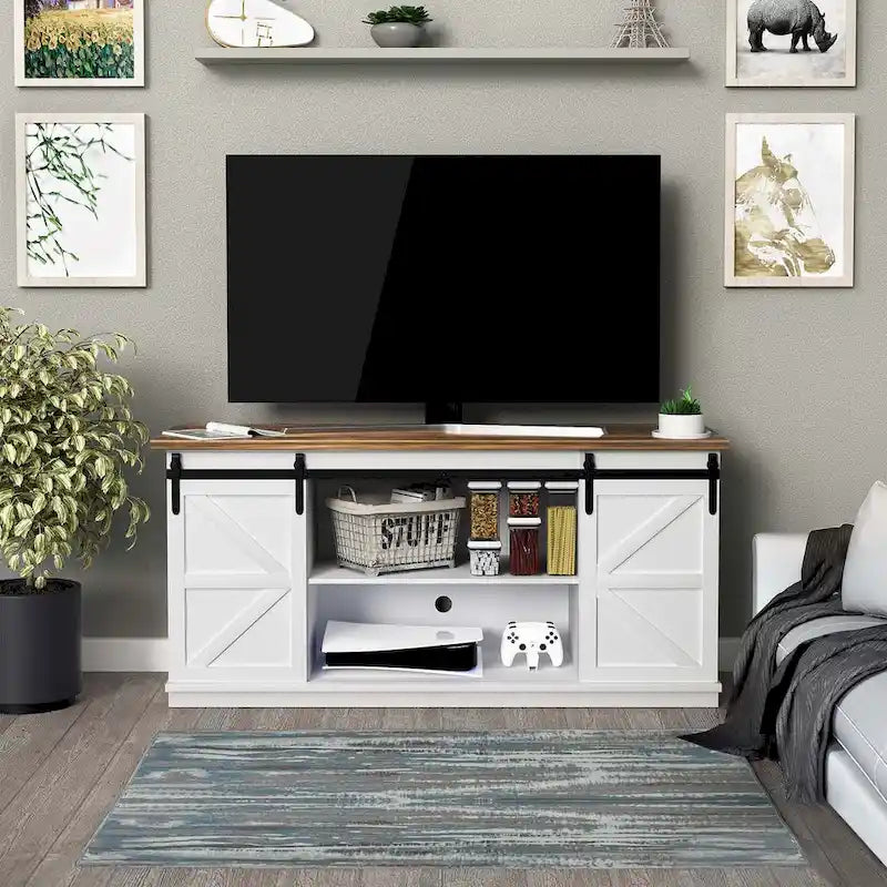 Meuble TV 2 étagères pour téléviseurs de 43 à 65 pouces. Style de vie simple et moderne du milieu du siècle, porte de grange de ferme - facile à ranger.
