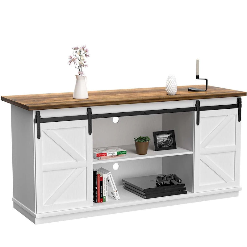 Meuble TV 2 étagères pour téléviseurs de 43 à 65 pouces. Style de vie simple et moderne du milieu du siècle, porte de grange de ferme - facile à ranger.