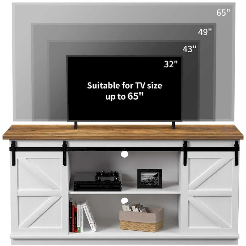 Meuble TV 2 étagères pour téléviseurs de 43 à 65 pouces. Style de vie simple et moderne du milieu du siècle, porte de grange de ferme - facile à ranger.