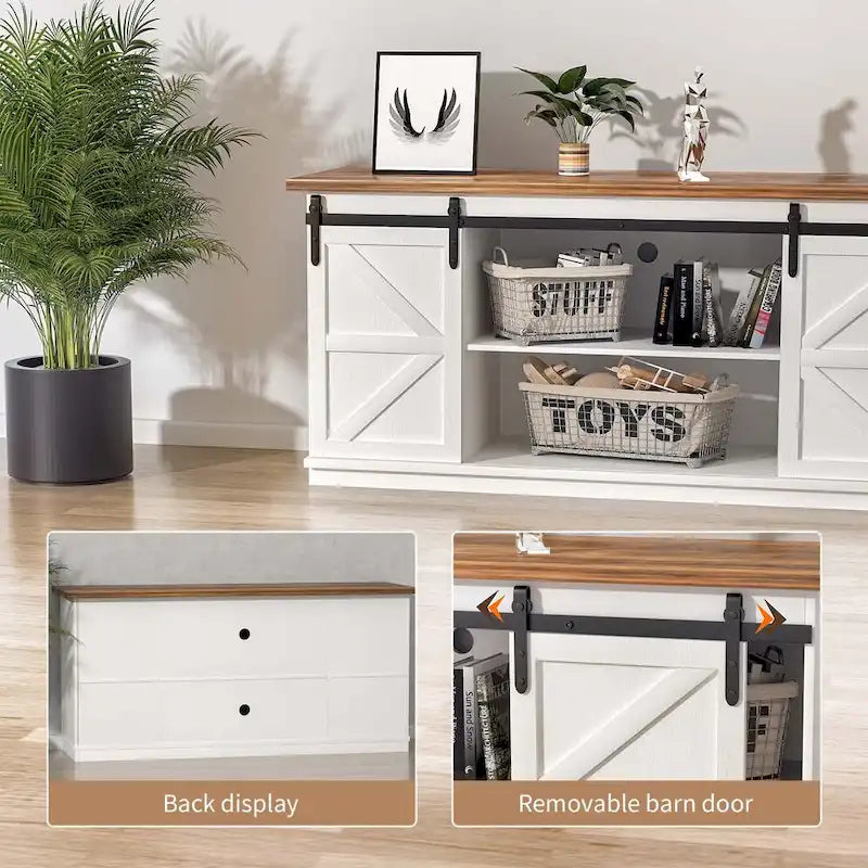 Meuble TV 2 étagères pour téléviseurs de 43 à 65 pouces. Style de vie simple et moderne du milieu du siècle, porte de grange de ferme - facile à ranger.