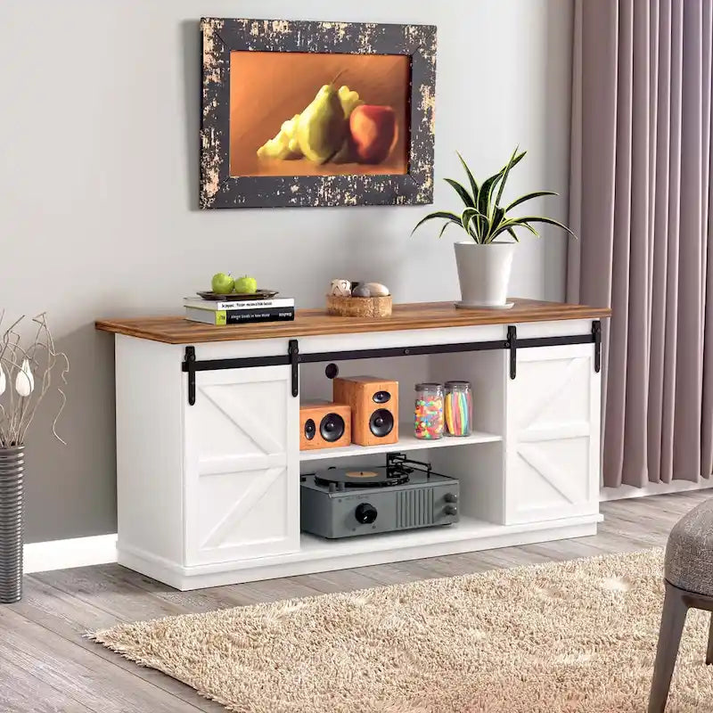 Meuble TV 2 étagères pour téléviseurs de 43 à 65 pouces. Style de vie simple et moderne du milieu du siècle, porte de grange de ferme - facile à ranger.