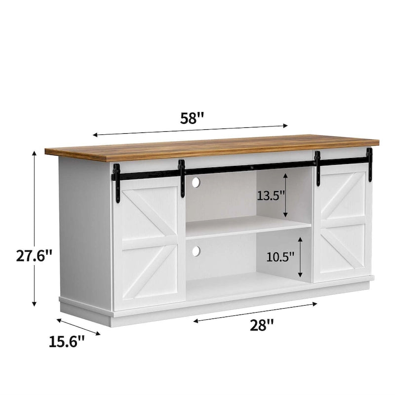Meuble TV 2 étagères pour téléviseurs de 43 à 65 pouces. Style de vie simple et moderne du milieu du siècle, porte de grange de ferme - facile à ranger.