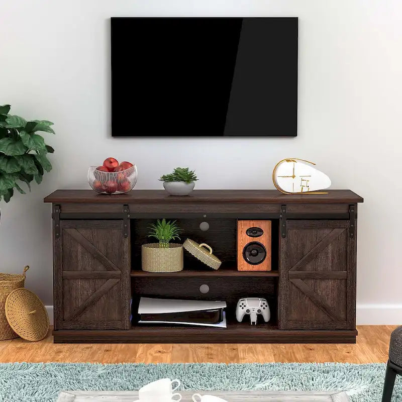 Meuble TV 2 étagères pour téléviseurs de 43 à 65 pouces. Style de vie simple et moderne du milieu du siècle, porte de grange de ferme - facile à ranger.