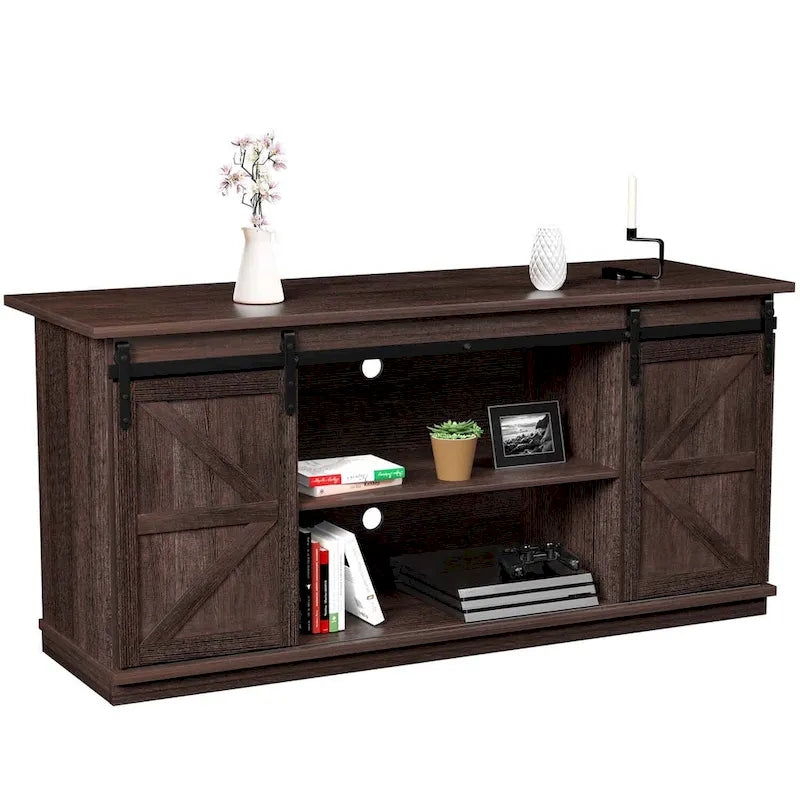 Meuble TV 2 étagères pour téléviseurs de 43 à 65 pouces. Style de vie simple et moderne du milieu du siècle, porte de grange de ferme - facile à ranger.