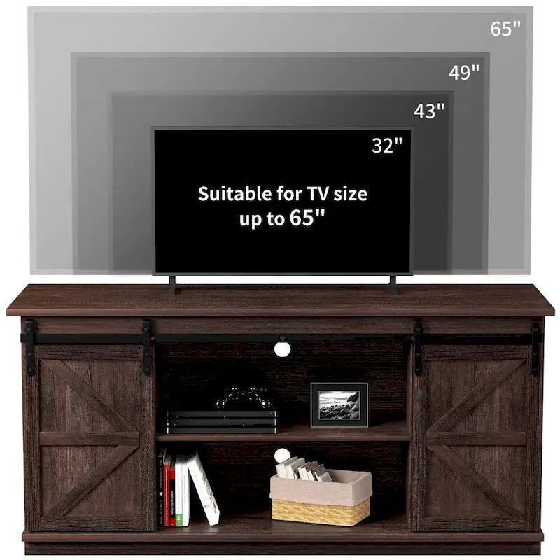 Meuble TV 2 étagères pour téléviseurs de 43 à 65 pouces. Style de vie simple et moderne du milieu du siècle, porte de grange de ferme - facile à ranger.