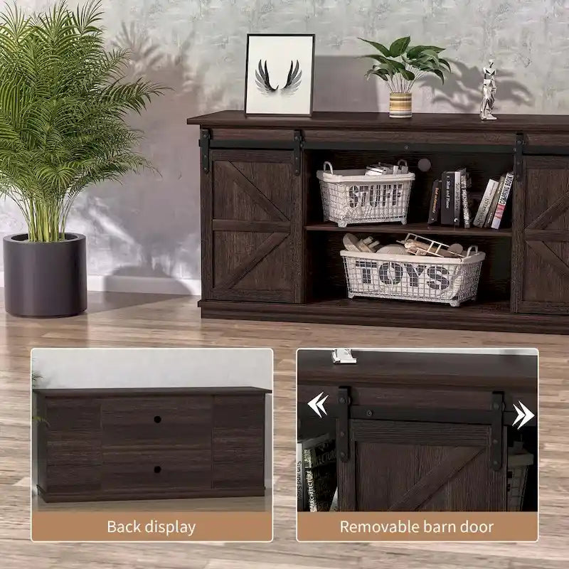 Meuble TV 2 étagères pour téléviseurs de 43 à 65 pouces. Style de vie simple et moderne du milieu du siècle, porte de grange de ferme - facile à ranger.