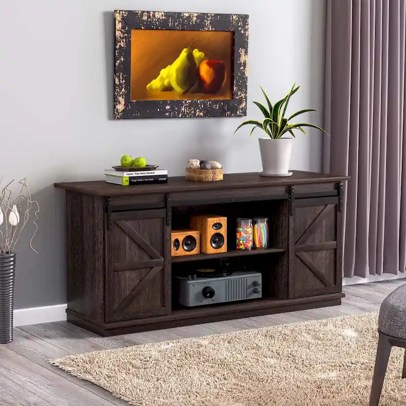 Meuble TV 2 étagères pour téléviseurs de 43 à 65 pouces. Style de vie simple et moderne du milieu du siècle, porte de grange de ferme - facile à ranger.